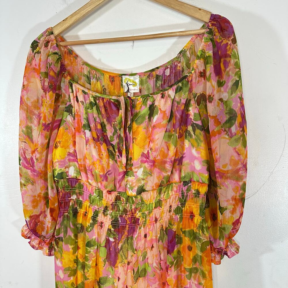 FIG & FLOWER Anthropologie floral dress hi low ruffle Spring Summer Womans Large - Picture 2 of 8